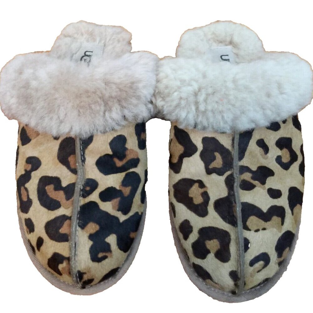 UGG SLIPPERS WOMENS 5 LEOPARD CALF HAIR LEATHER  SCUFFETTE SLIP ON MULES HYGGE